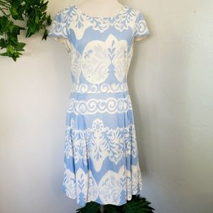 Cremieux Dress Baby Blue White Mesh Applique Swirl Motif Pleats
